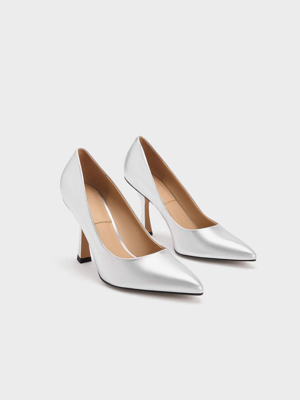 Metallic Leather Flare Heel Pumps Silver