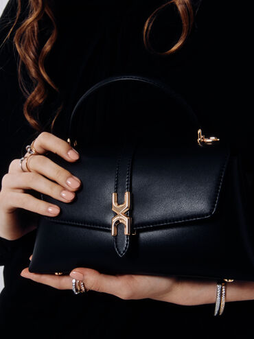 Adalyn Metallic-Buckle Chain-Strap Top Handle Bag, Black, hi-res