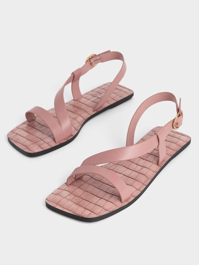 Croc-Effect Asymmetric Slingback Flat Sandals, , hi-res