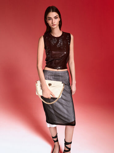 กระเป๋าสะพายไหล่ลายเส้นดีไซน์ที่ปิดด้านหน้ารุ่น Fawn, สีครีม, hi-res