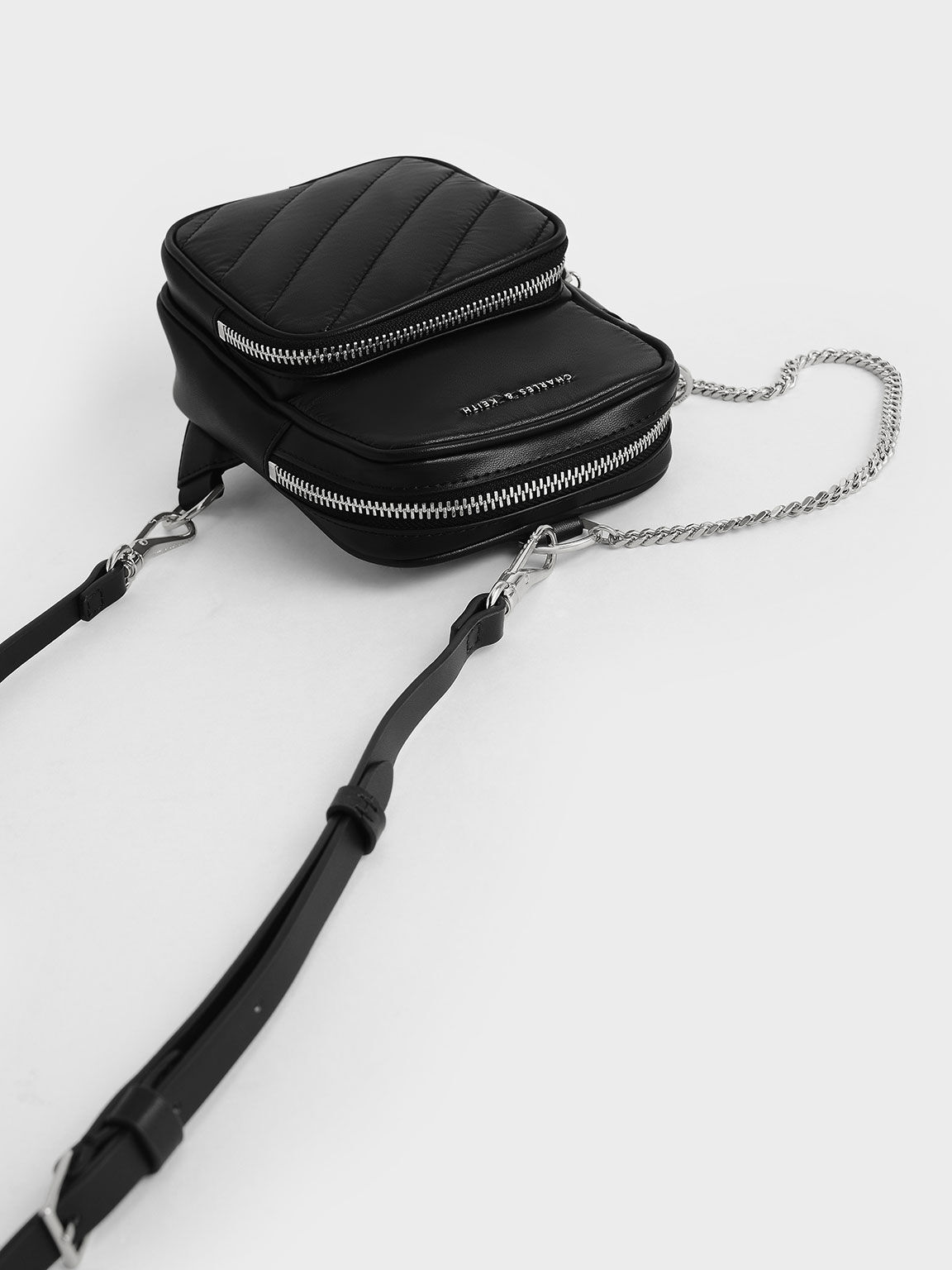 Panelled Elongated Crossbody Bag, Black, hi-res