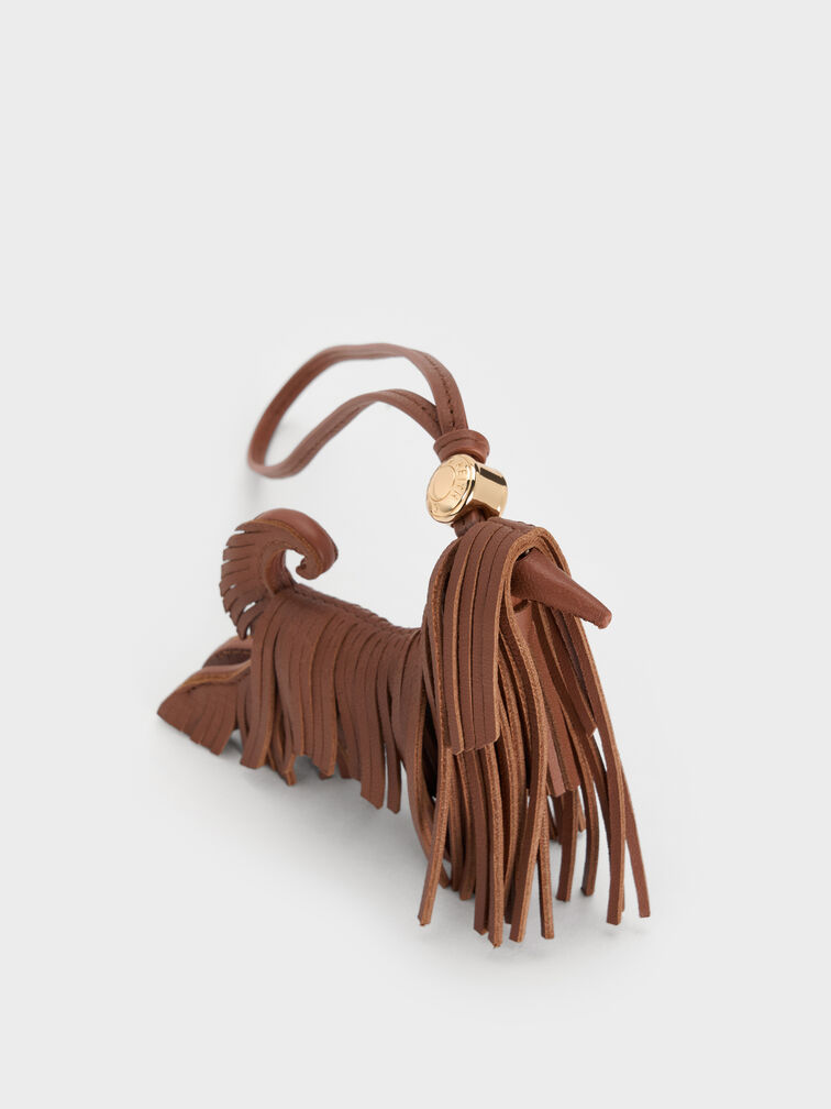 Leather Fringed Dog Charm, Chocolate, hi-res