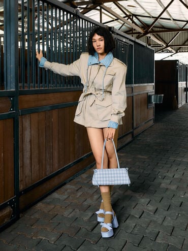 Hazel Gingham Bow Elongated Shoulder Bag, Gingham Blue, hi-res