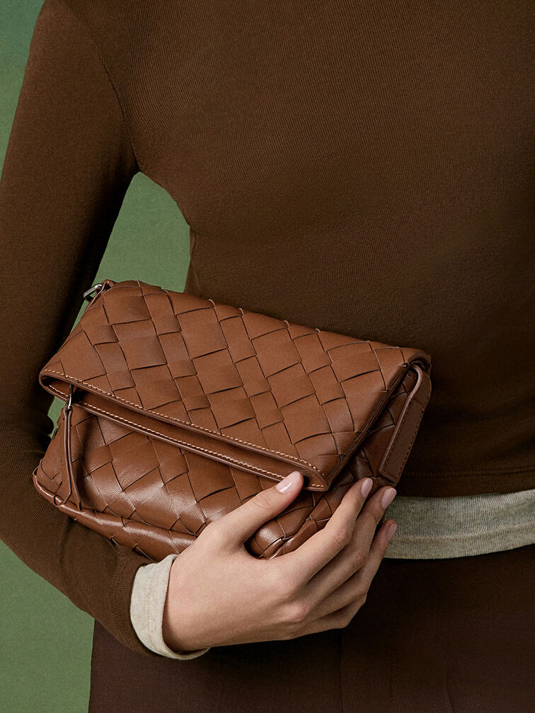 Ivette Woven Front Flap Crossbody Bag, Chocolate, hi-res