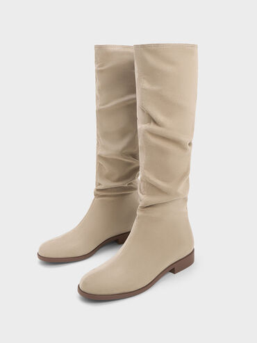 Textured Ruched Knee-High Boots, Taupe, hi-res