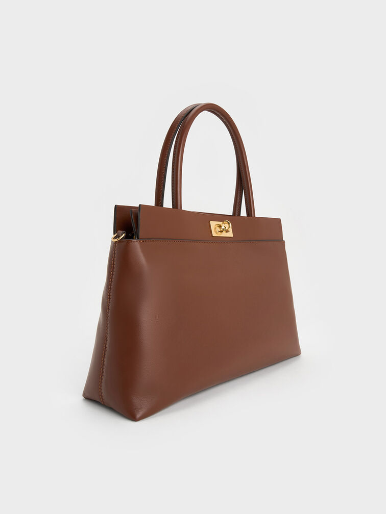 กระเป๋าสะพายข้างทรง Satchel ดีไซน์หูจับด้านบนรุ่น Lennie, สีดาร์คบราวน์, hi-res