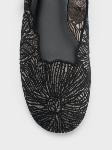 Crochet Floral Mary Jane Flats, Black Textured, hi-res