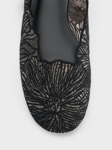 Crochet Floral Mary Jane Flats, Black Textured, hi-res
