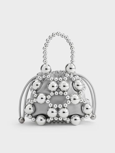 Metallic Beaded Top Handle Bag, Silver, hi-res