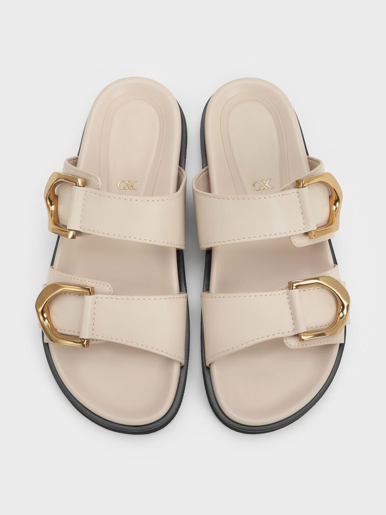 Gabine Gold-Buckle Leather Slides, Oat, hi-res