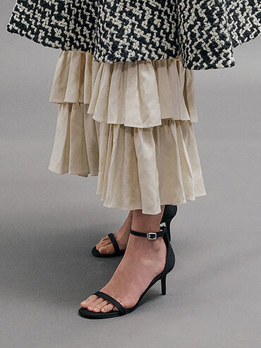 Grosgrain Stiletto-Heel Ankle-Strap Sandals, Black Textured, hi-res