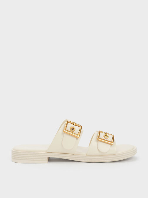 Buckled Double Strap Slide Sandals, White, hi-res