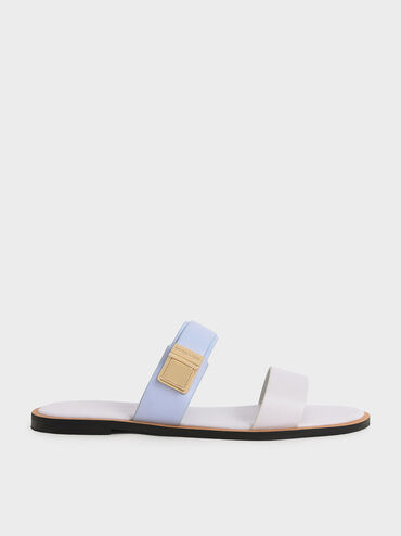 Metallic Buckle Slide Sandals, สีฟ้าอ่อน, hi-res