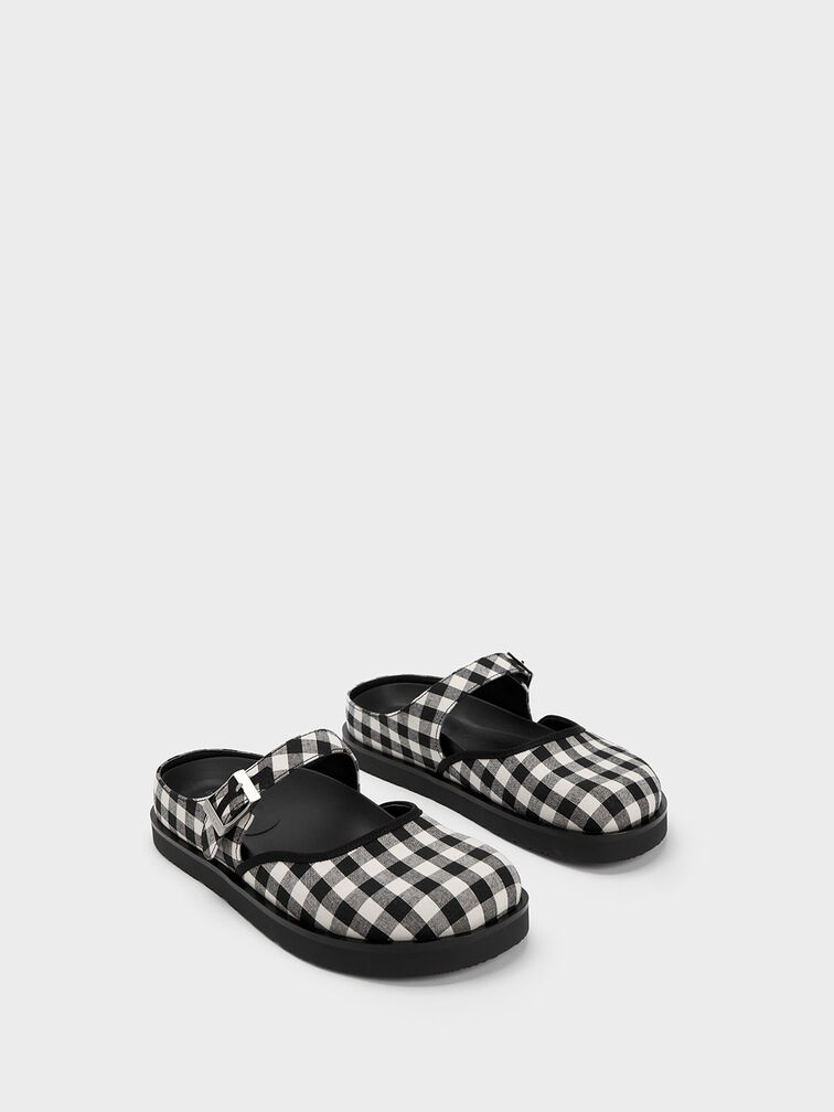 Gingham Buckled Flat Mules, , hi-res