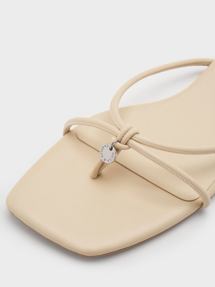 Metallic-Charm Strappy Thong Sandals, Beige, hi-res