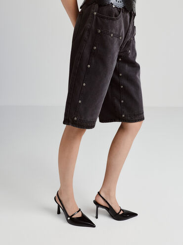 รองเท้าปิดส้นหัวแหลมดีไซน์สายเข็มขัดประดับมุกรุ่น Helena, หนังเงาสีดำ, hi-res