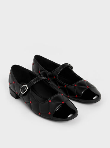 รองเท้าแมรี่เจนพิมพ์ลายหัวใจรุ่น Dahlia, สีดำ, hi-res