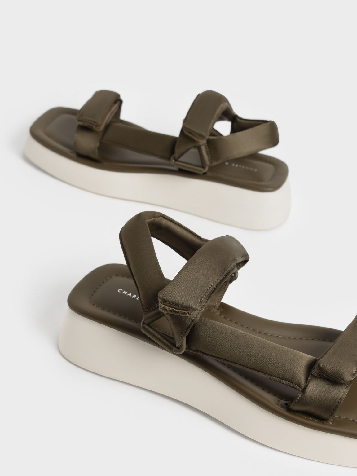 Satin Padded Straps Flatform Sandals, Olive, hi-res