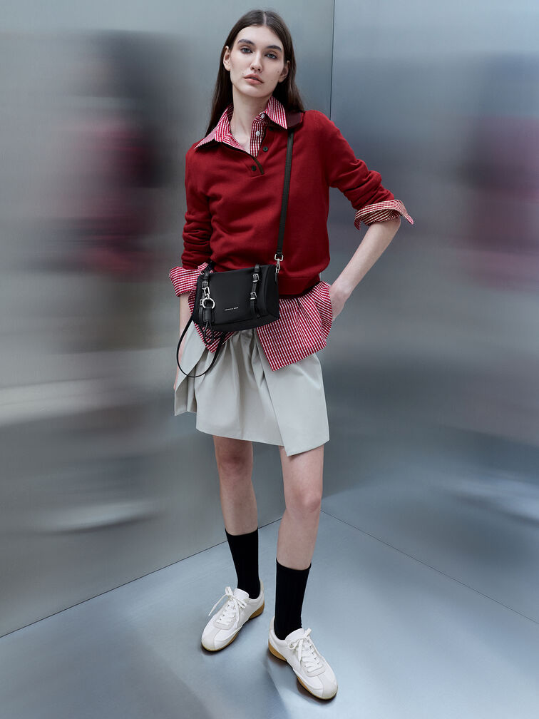 กระเป๋าสะพายไหล่ผ้าไนลอนขนาดมินิรุ่น Levy, สีดำอะไหล่สีเงิน, hi-res