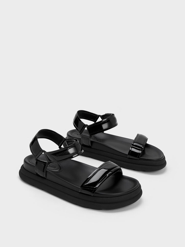 Patent Strappy Sports Sandals, หนังแก้วสีดำ, hi-res