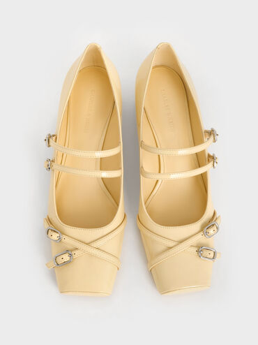 Patent Double-Strap Mary Jane Pumps, Butter, hi-res