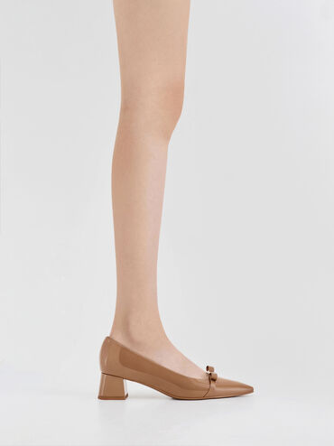 Dorian Patent Bow Pointed-Toe Block-Heel Pumps, Caramel, hi-res