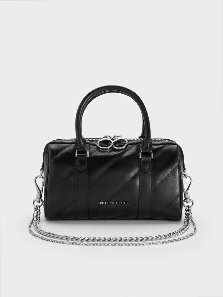Philomena Panelled Chain-Handle Bowling Bag, Noir Philomena Panelled Chain-Handle Bowling Bag, Noir, hi-res