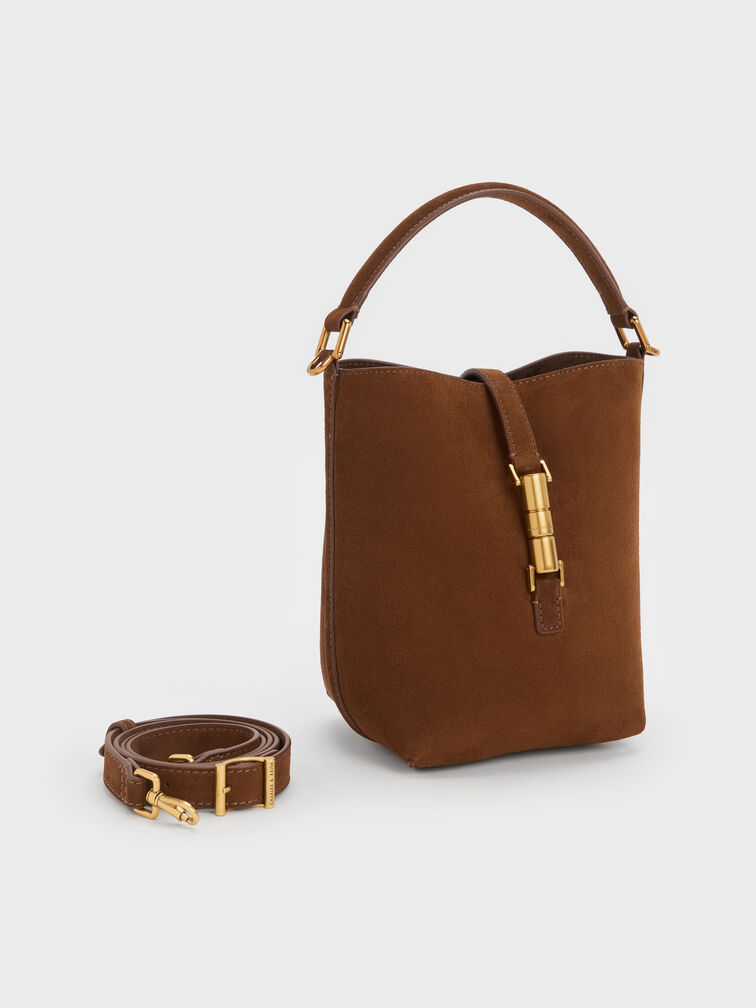 Cesia Metallic-Accent Bucket Bag, Pecan Brown, hi-res