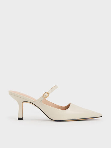 Buckle-Strap Heeled Mules, สีชอล์ค, hi-res