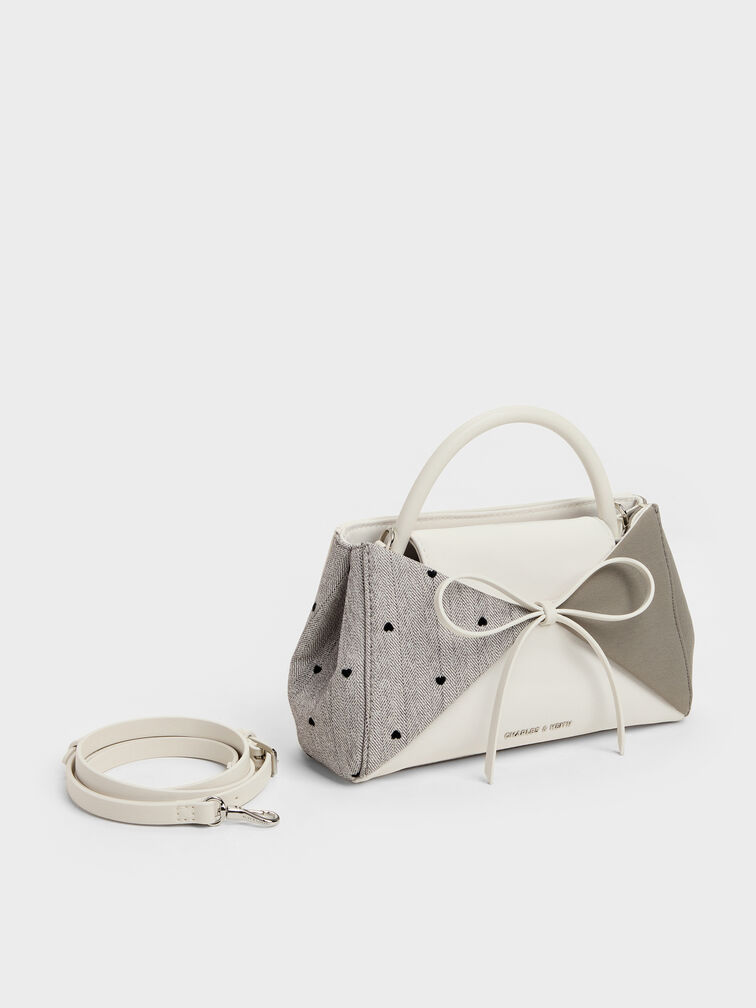 Hazel Heart-Print Bow Panelled Top Handle Bag, Taupe, hi-res