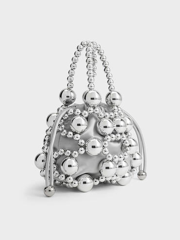 Metallic Beaded Top Handle Bag, Silver, hi-res