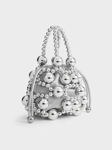 Metallic Beaded Top Handle Bag, Silver, hi-res