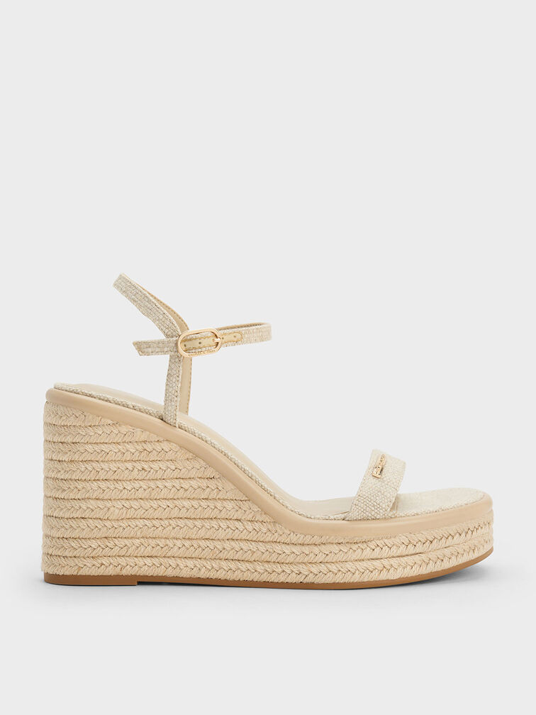 Linen Espadrille Wedges, สีเบจ, hi-res
