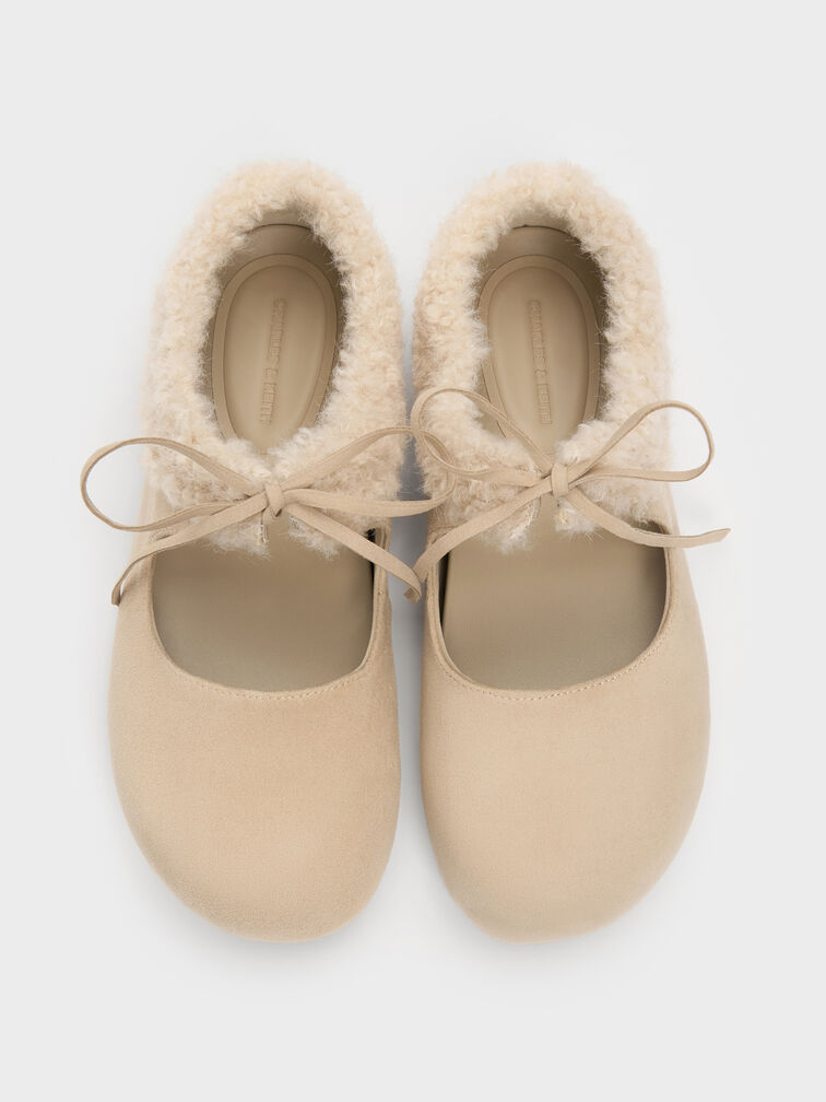Emila Faux Suede Fur-Trim Mary Jane Flats, Chalk, hi-res