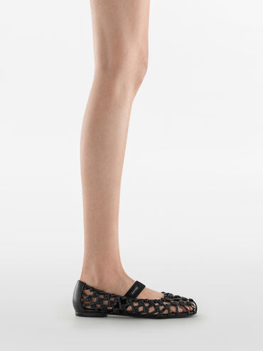 รองเท้าแมรี่เจนดีไซน์แบบสาน, สีดำ, hi-res