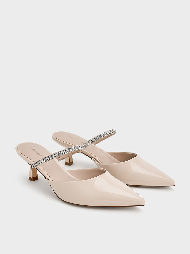 Ambrosia Gem-Embellished Pointed-Toe Mules, Cream, hi-res