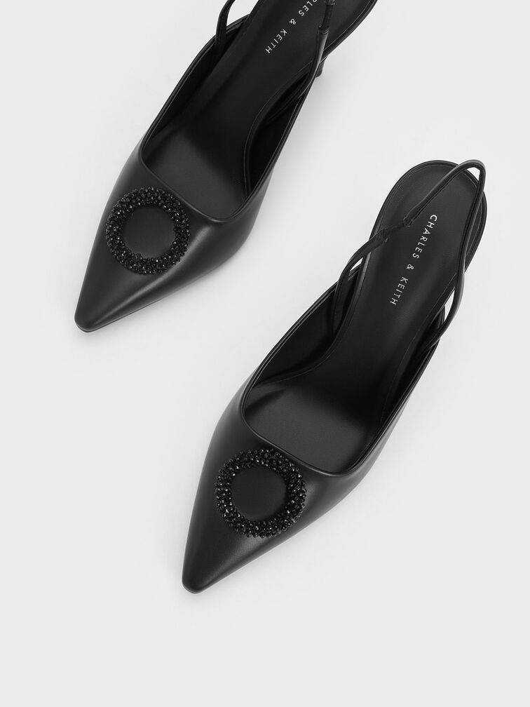 Beaded Circle Slingback Pumps, สีดำ, hi-res