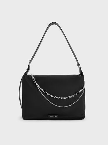 Nylon Chain-Link Slouchy Shoulder Bag, Noir, hi-res