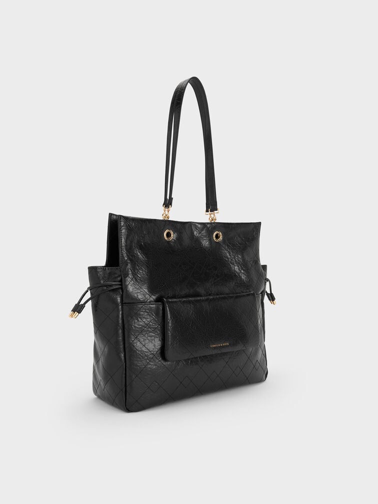 กระเป๋าเป้สองฟังก์ชันที่ปิดแบบเชือกรูดดีไซน์ลายควิลท์พร้อมสายโซ่ถักรุ่น Duo, สีดำ, hi-res