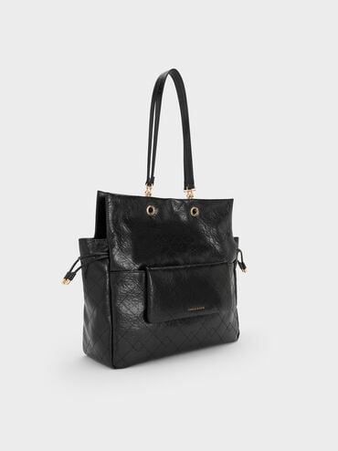 กระเป๋าเป้สองฟังก์ชันที่ปิดแบบเชือกรูดดีไซน์ลายควิลท์พร้อมสายโซ่ถักรุ่น Duo, สีดำ, hi-res