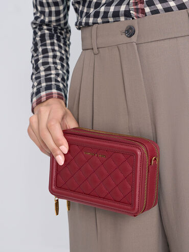 Quilted Boxy Long Wallet, สีแดง, hi-res