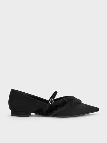 Emila Faux Suede Fur-Trim Pointed Mary Janes, Black Textured, hi-res