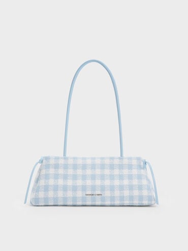Hazel Gingham Bow Elongated Shoulder Bag, Gingham Blue, hi-res