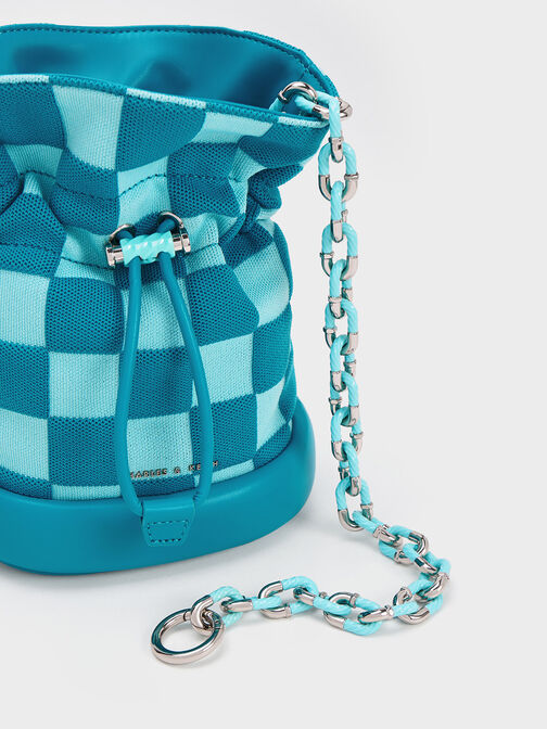 Shiloh Checkerboard Drawstring Bucket Bag, สีฟ้า, hi-res