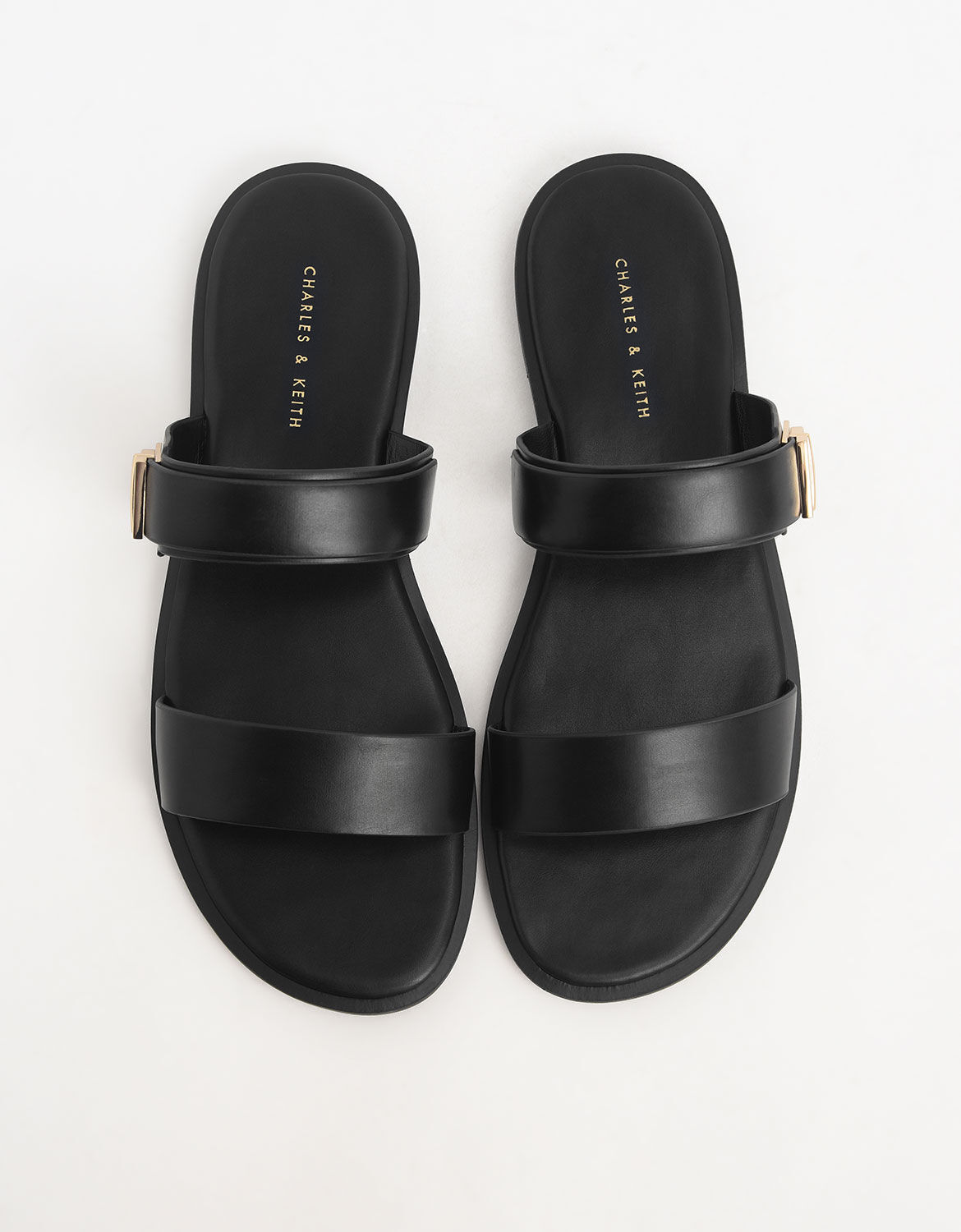 black two strap slide sandals