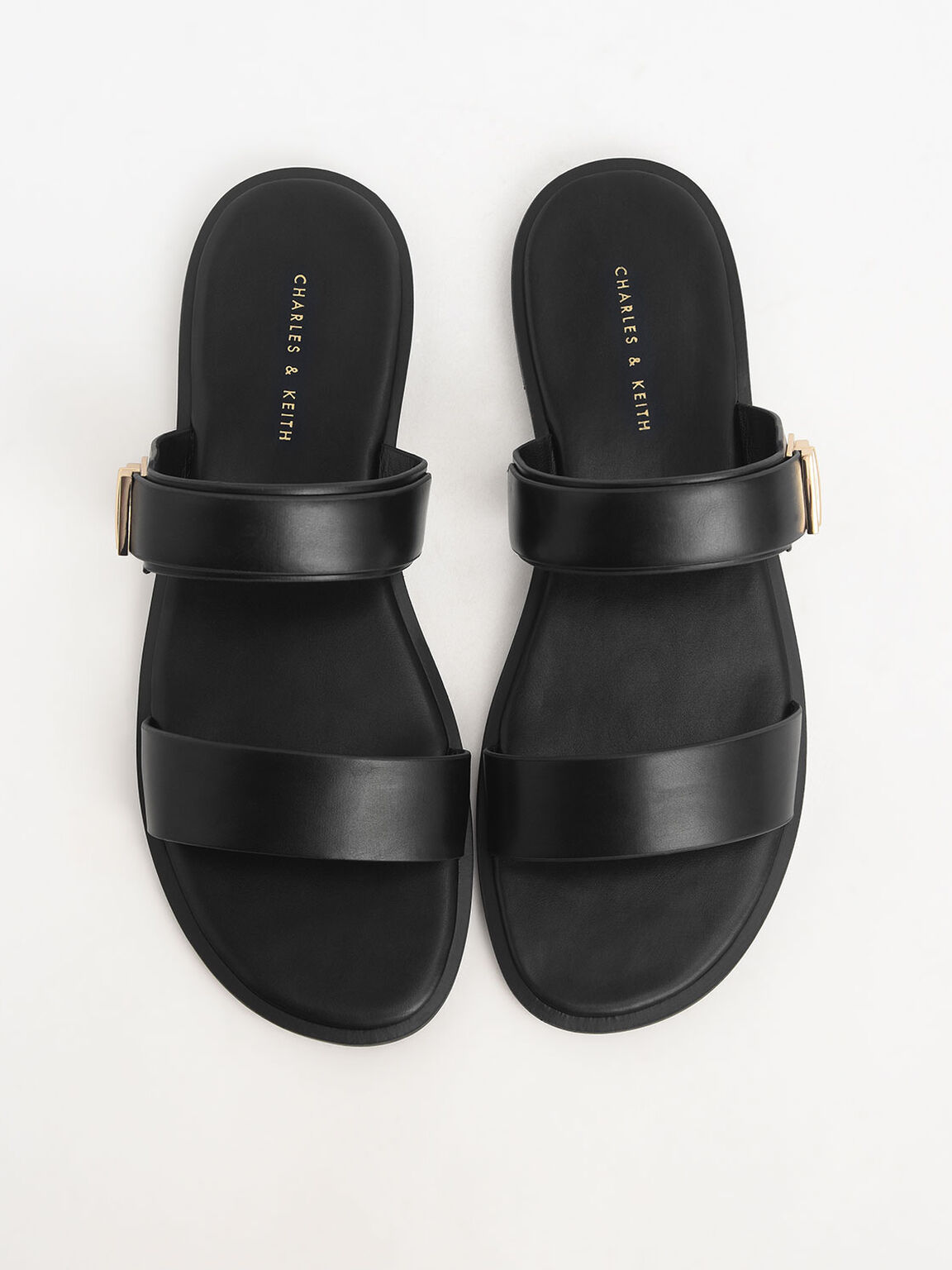 Buckle Double Strap Slide Sandals, Black, hi-res