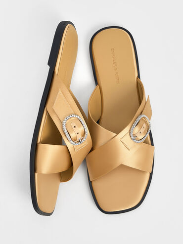 Recycled Polyester Crystal-Buckle Crossover-Strap Sandals, Champagne, hi-res