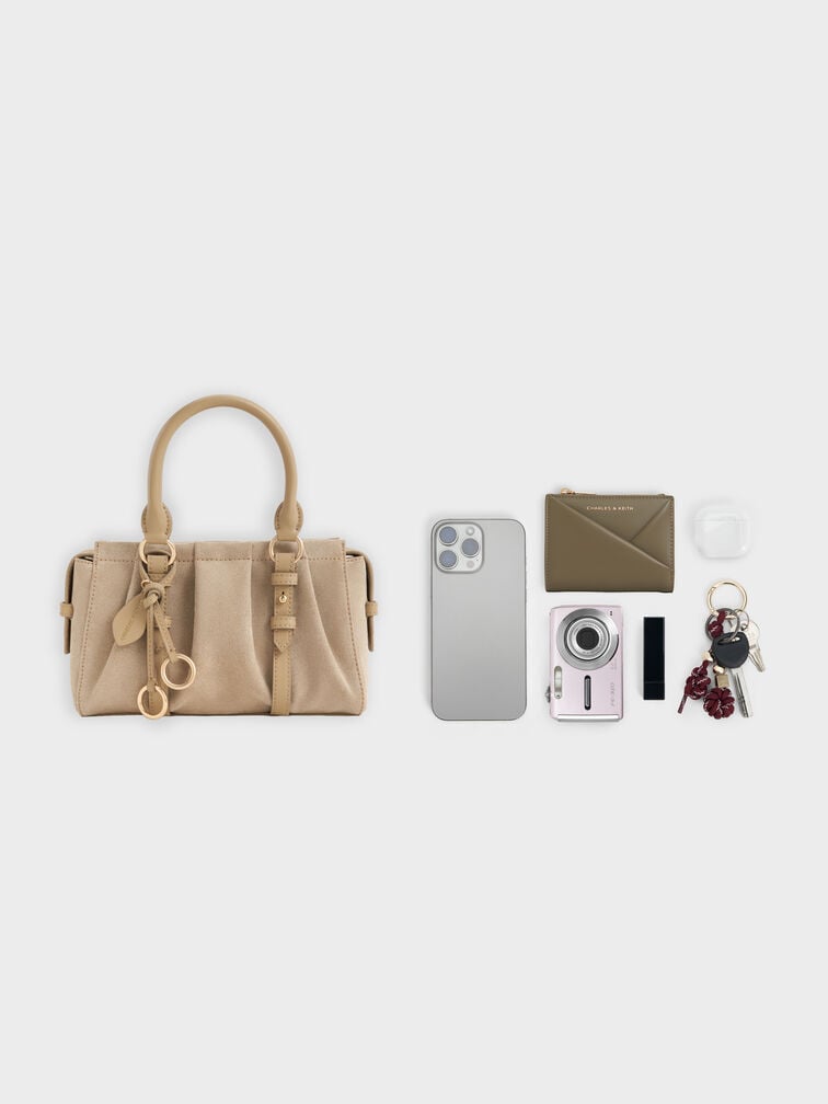 กระเป๋าโท้ทวัสดุหนังกลับรีไซเคิลจับจีบย่นรุ่น Britton, สีนัทเมกเบจ, hi-res