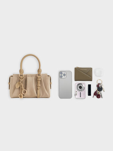 กระเป๋าโท้ทวัสดุหนังกลับรีไซเคิลจับจีบย่นรุ่น Britton, สีนัทเมกเบจ, hi-res