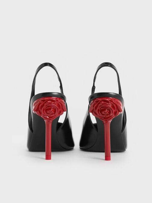 รองเท้าส้นสูงแบบรัดส้นดีไซน์ส้นดอกกุหลาบรุ่น Flor, หนังเงาสีดำ, hi-res